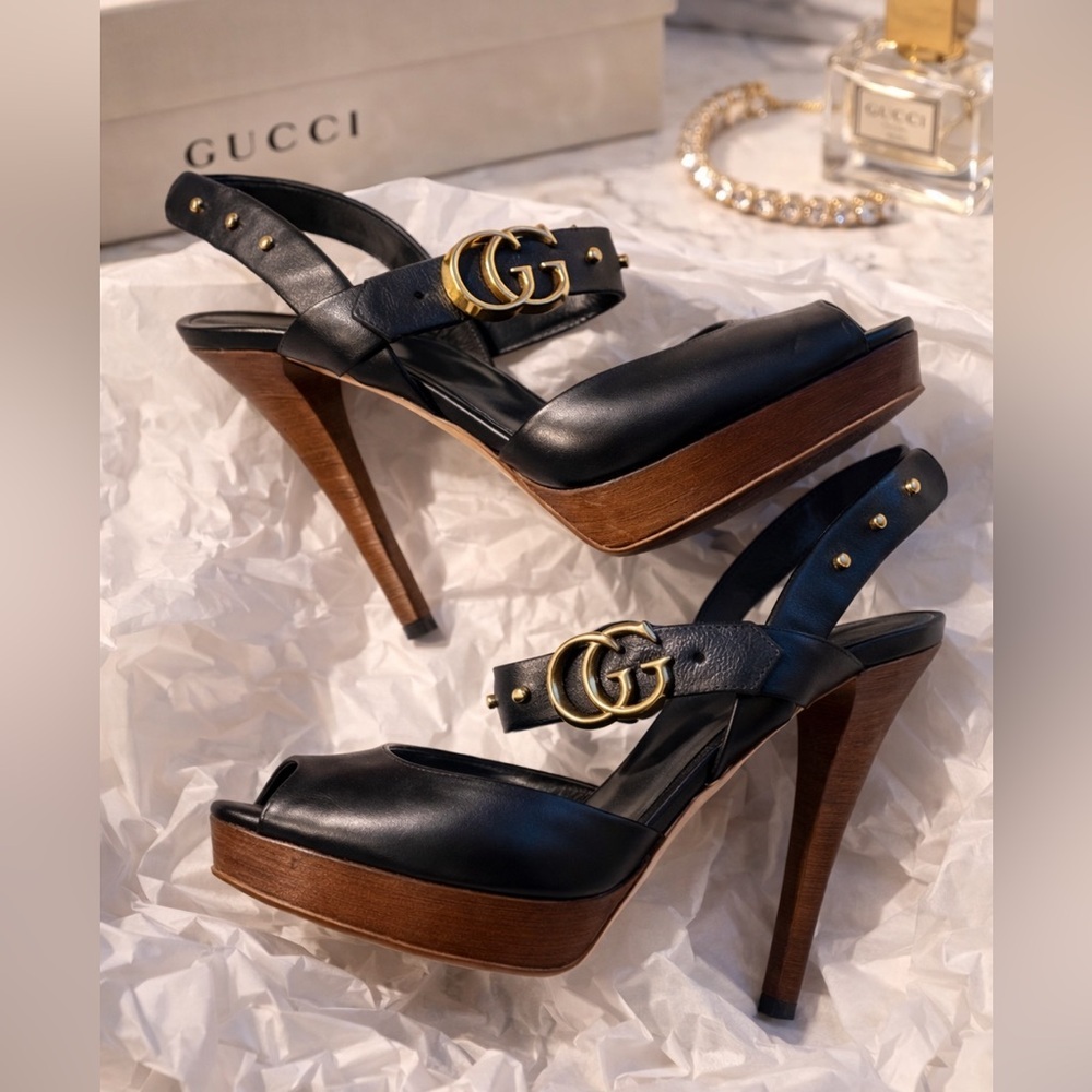 GUCCI GG Running Black Leather Platform Heels wood platform stacked heel sz 39.5 - Picture 16 of 16